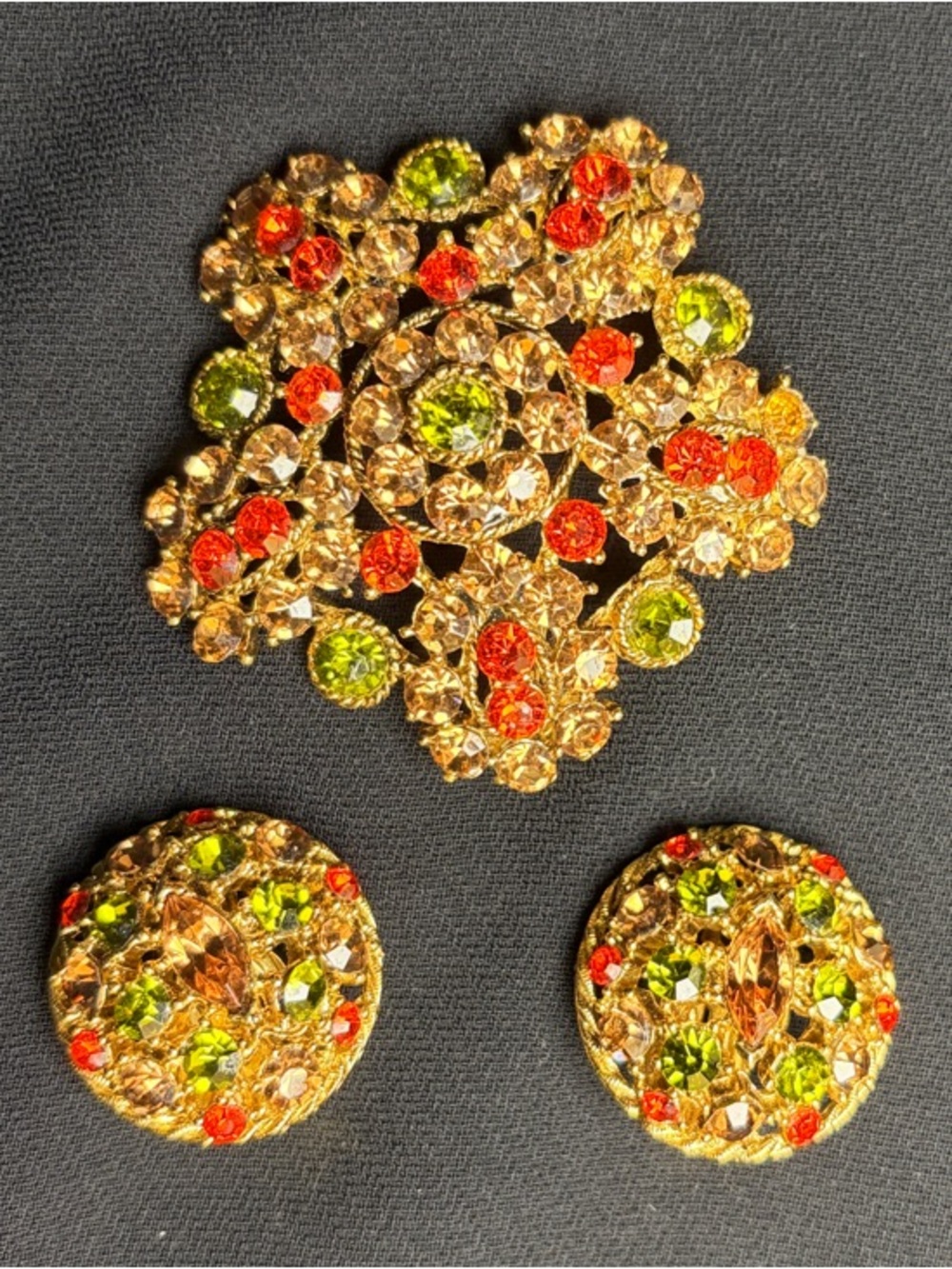 Gold-Tone Rhinestone Brooch and Clip-On Earrings Set - Green & Orange Accents